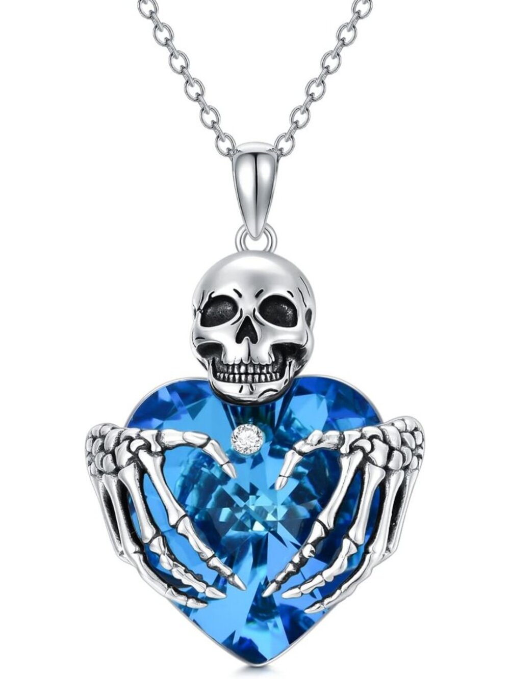 925 Sterling Silver Skull Necklace with Blue Heart Crystal Pendant - Gothic
